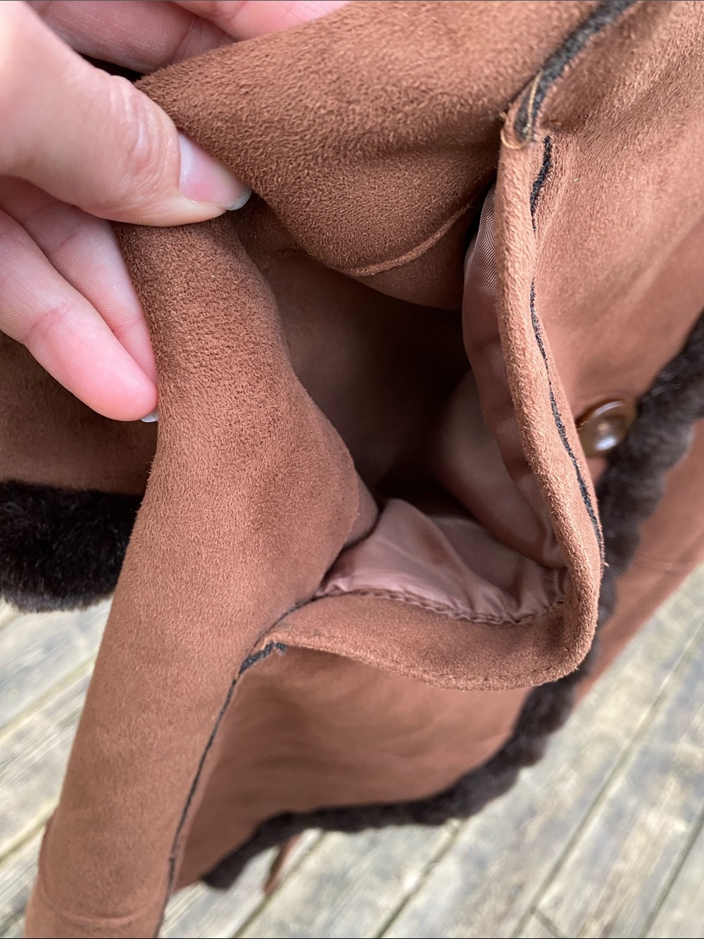 Brown Faux-Suede Long Coat with Faux-Fur Trim, Faux Fur Lining, Removable Hood. - Picture 5 of 9